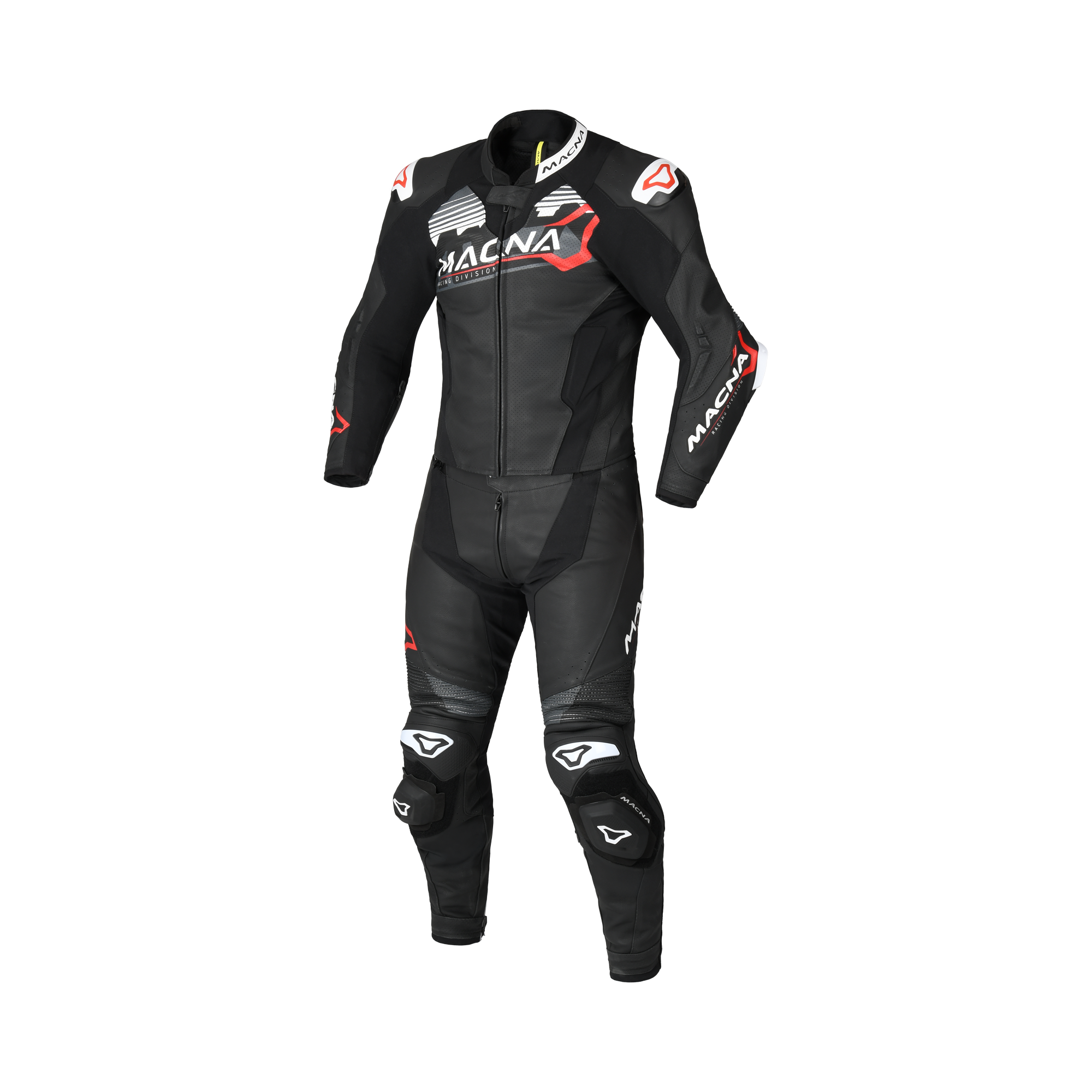Macna Blitz 2pc 166.4110.123 tuta moto divisibile in pelle nero bianco, vista frontale
