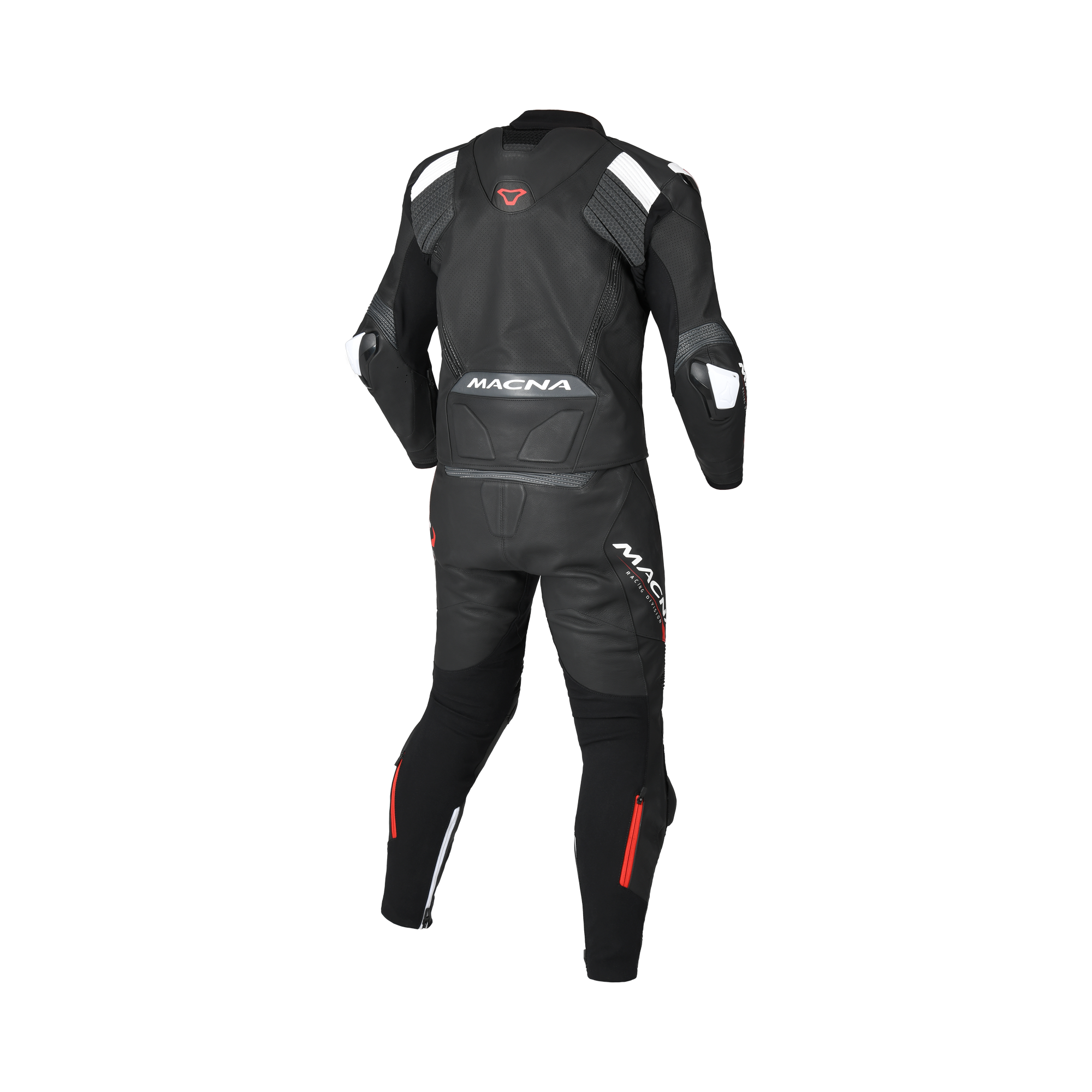 Tuta moto Macna Blitz 2pc nero bianco con inserti rossi, vista posteriore