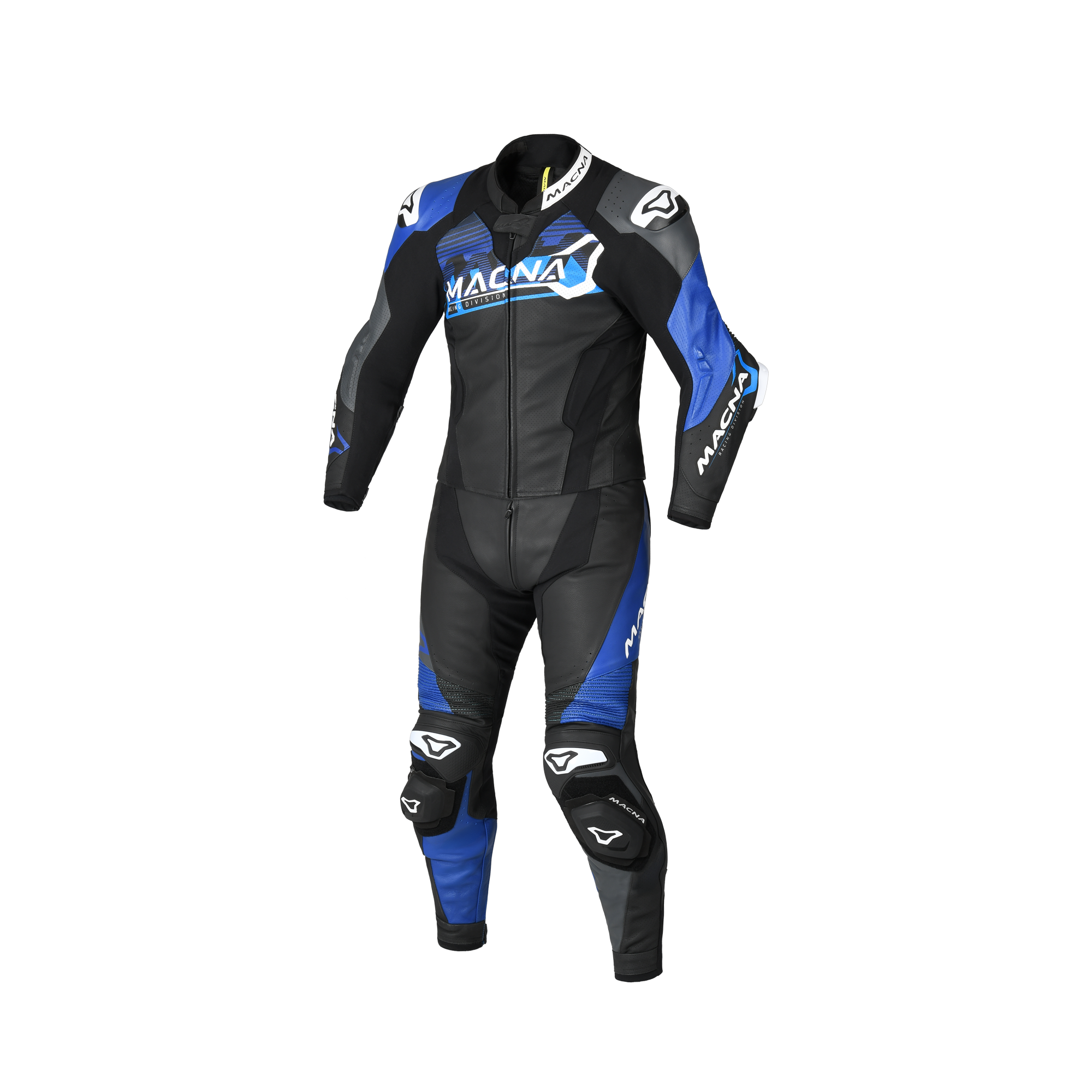 Macna Blitz 2pc 166.4110.152 tuta moto divisibile in pelle nero blu, vista frontale