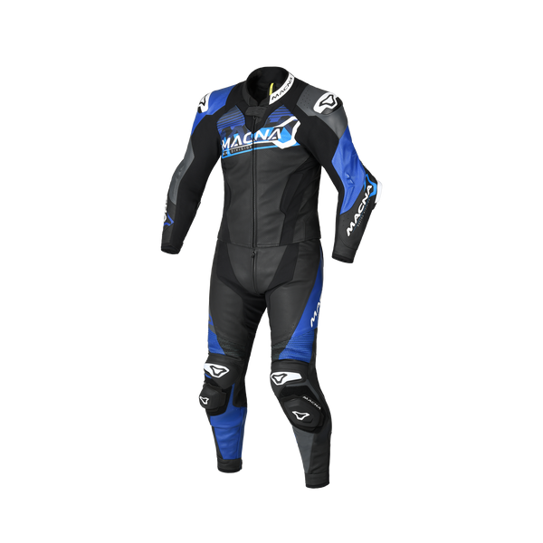 Macna Blitz 2pc 166.4110.152 tuta moto divisibile in pelle nero blu, vista frontale