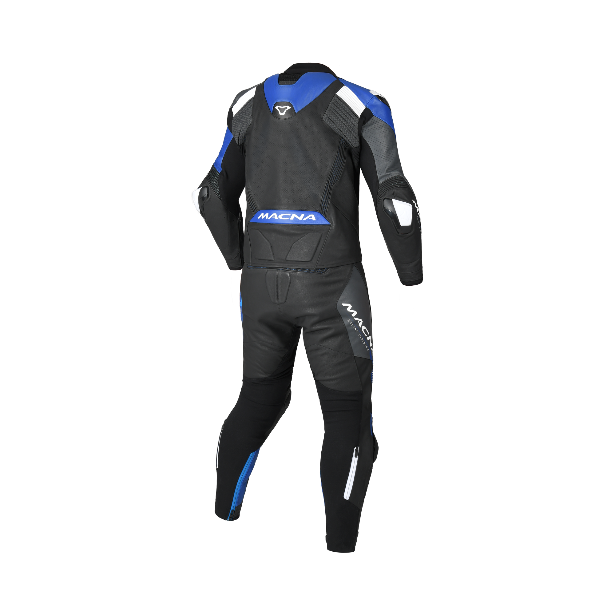 Tuta moto Macna Blitz 2pc nero blu in pelle, giacca e pantalone, vista posteriore