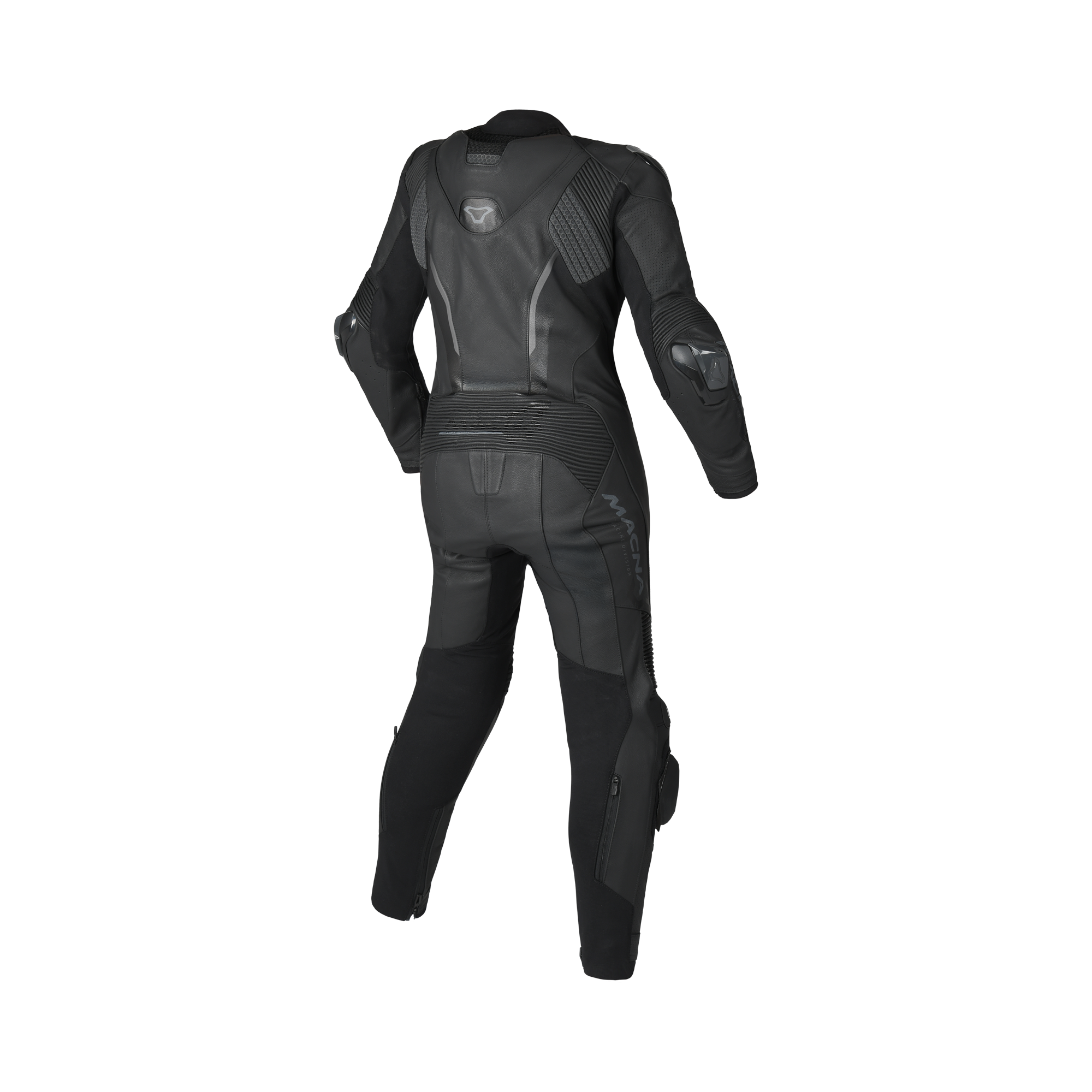 Tuta moto donna Macna Blitz 1pc nera con gobba sulla schiena, vista posteriore