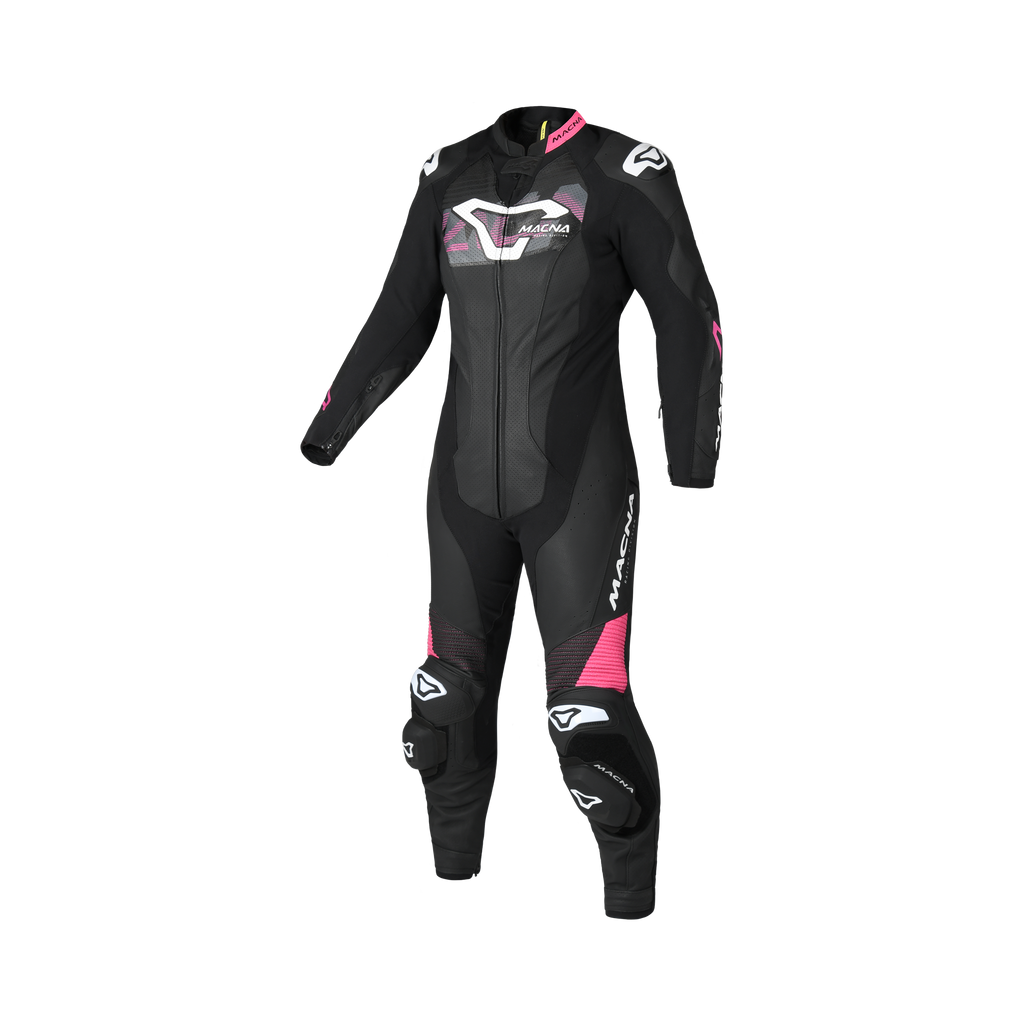 Macna Blitz Donna 1pc 166.4232.162 tuta moto in pelle nero rosa, vista frontale