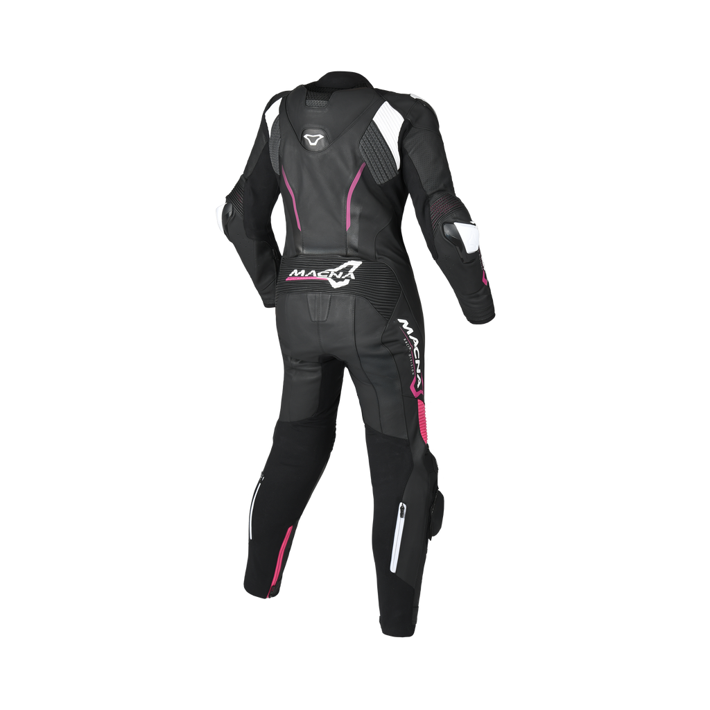 Tuta moto donna Macna Blitz 1pc nero rosa con inserti bianchi, vista posteriore