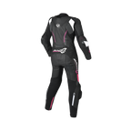 Tuta moto donna Macna Blitz 1pc nero rosa con inserti bianchi, vista posteriore