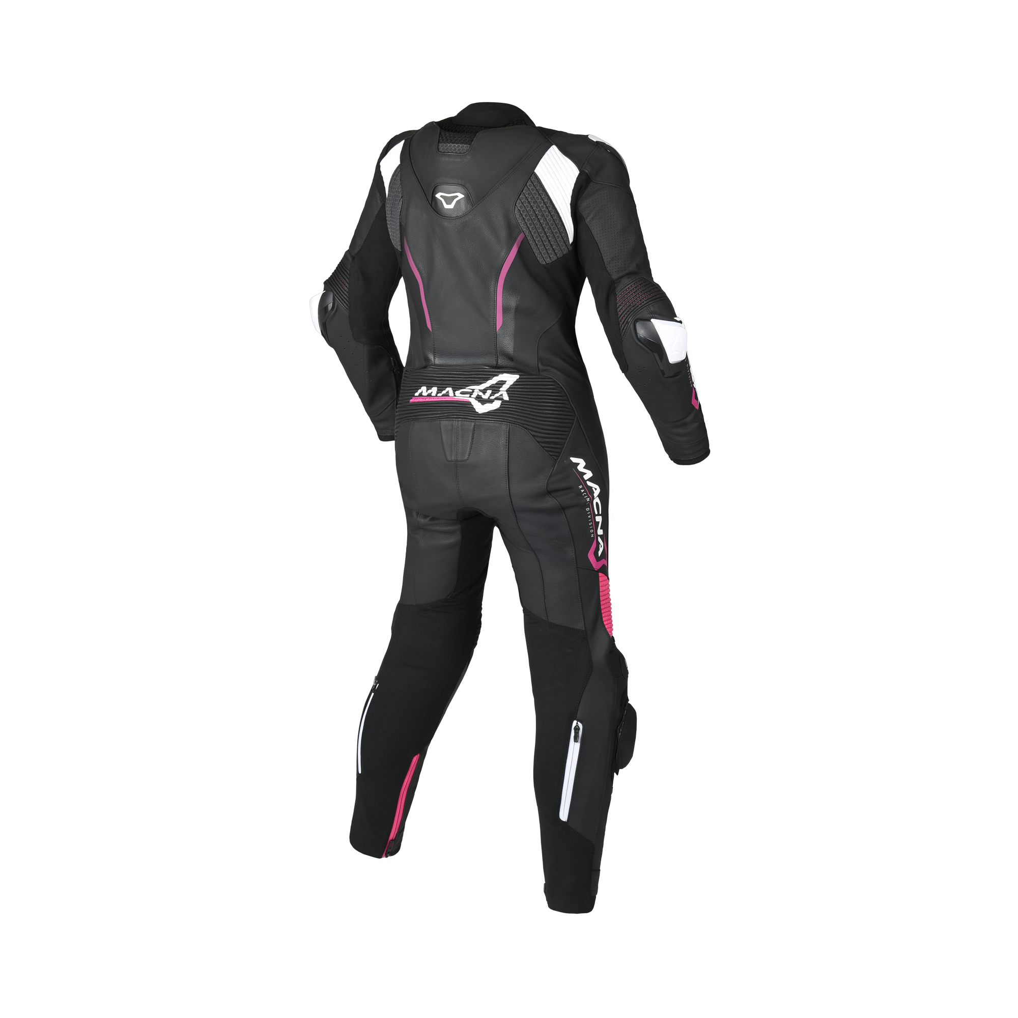 Tuta moto donna Macna Blitz 1pc nero rosa con inserti bianchi, vista posteriore