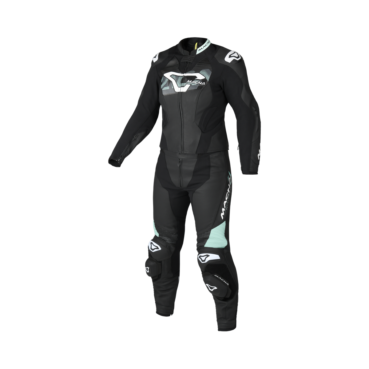 Macna Blitz Donna 2pc 166.4155.142 tuta in pelle nera con verde menta, vista frontale