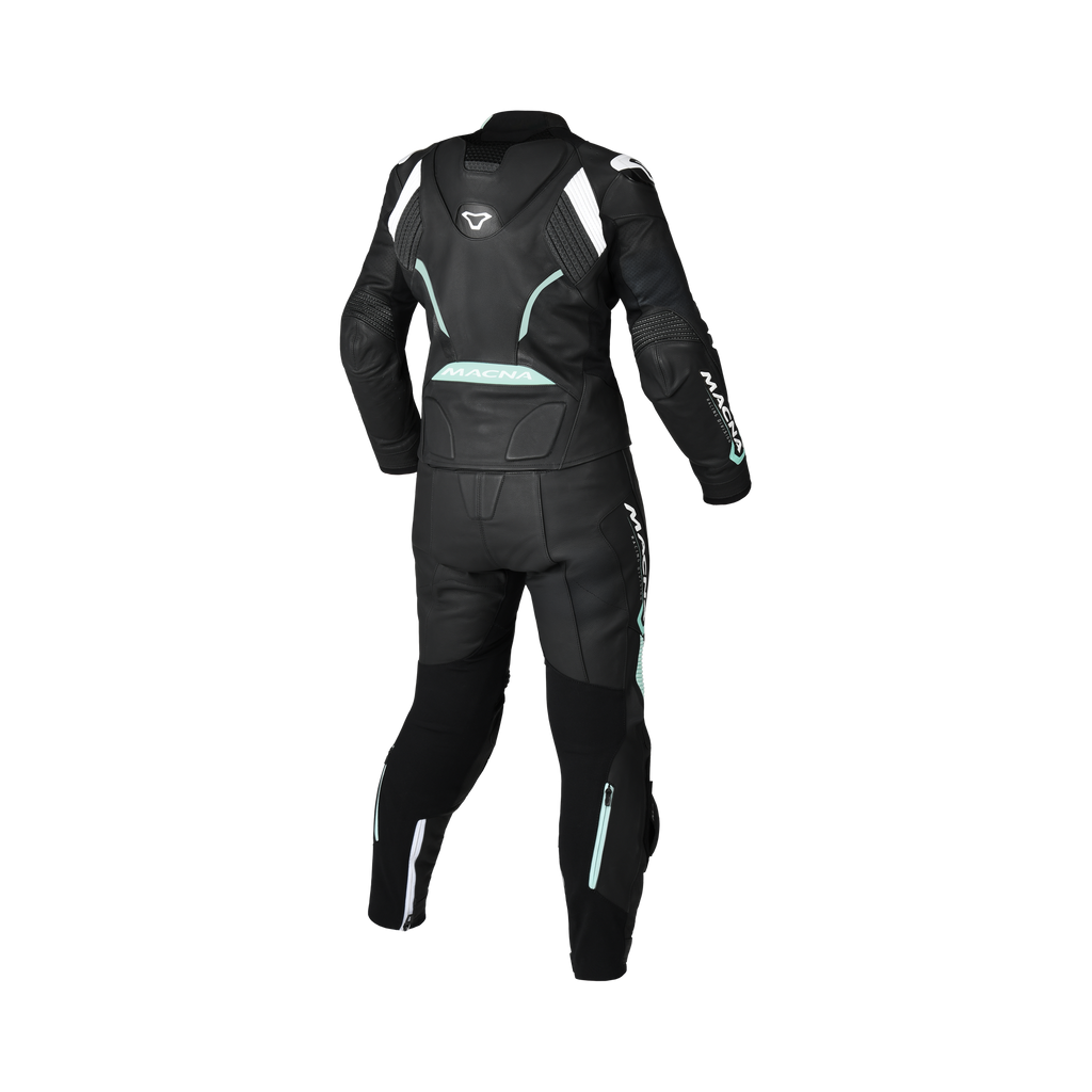 Tuta moto donna Macna Blitz 2pc nera con inserti verde menta e bianchi, vista posteriore