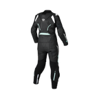 Tuta moto donna Macna Blitz 2pc nera con inserti verde menta e bianchi, vista posteriore