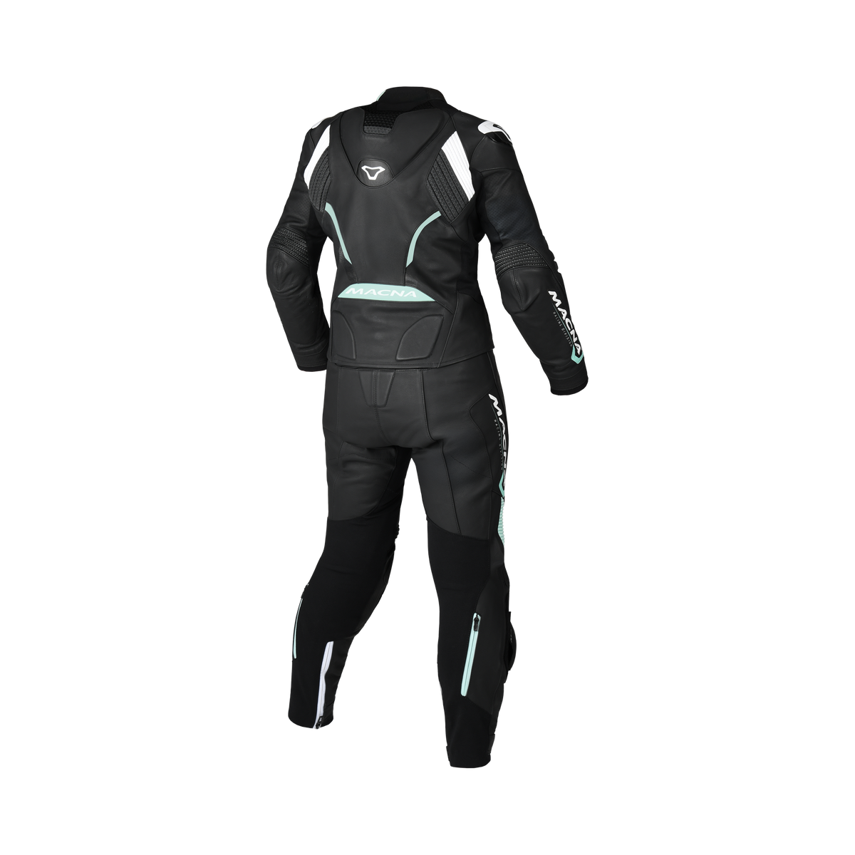 Tuta moto donna Macna Blitz 2pc nera con inserti verde menta e bianchi, vista posteriore