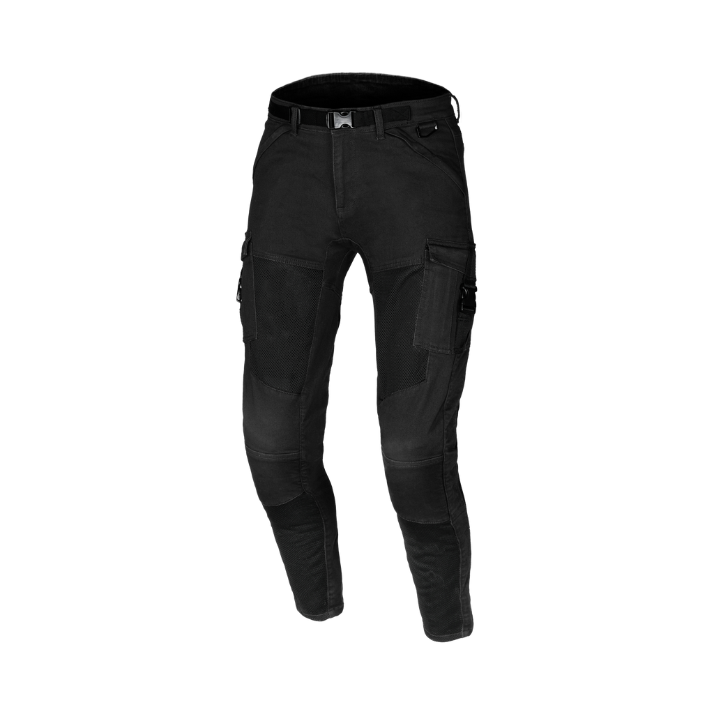 Macna Bombar 165.4025.101 jeans cargo moto uomo nero con pannelli in rete, vista frontale
