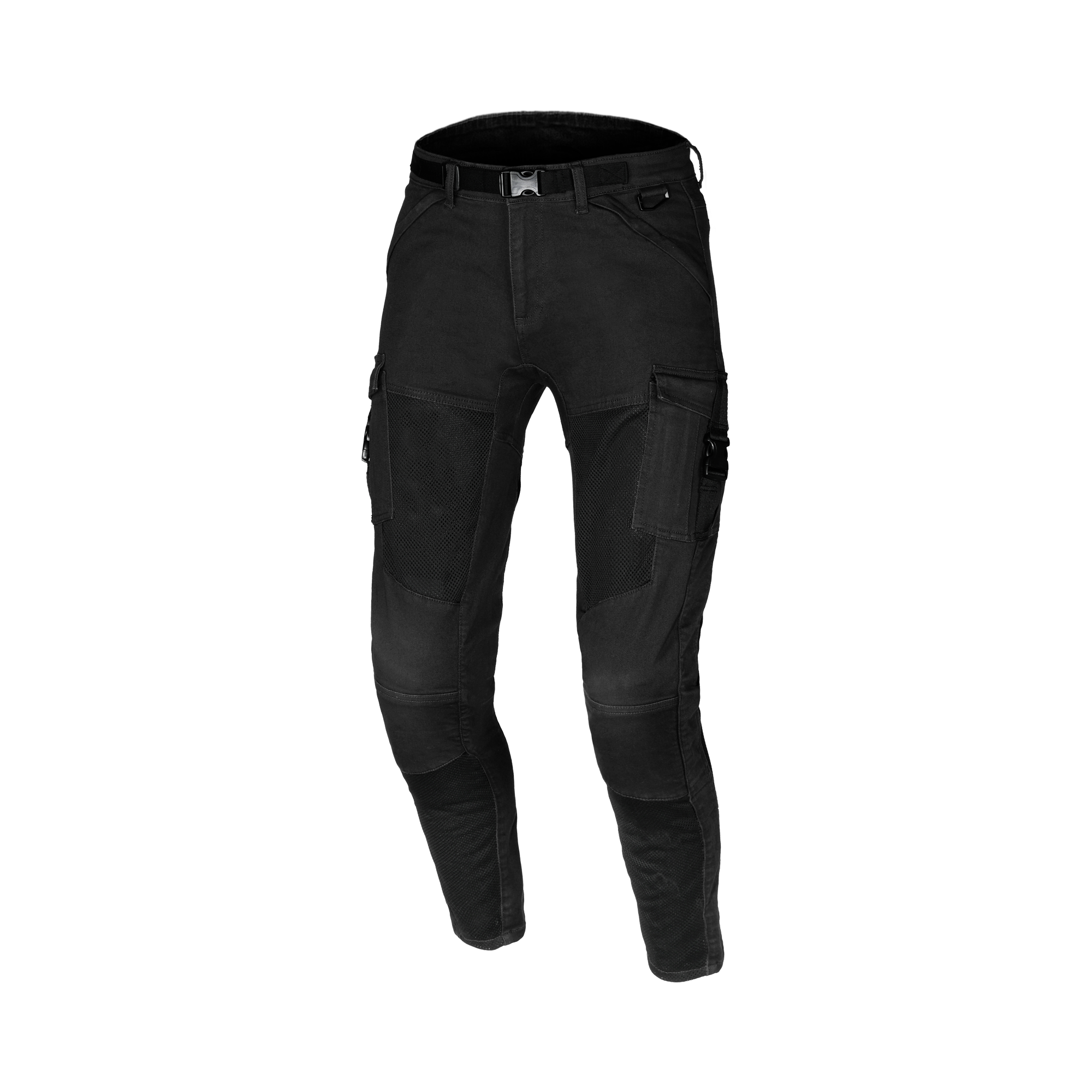 Macna Bombar 165.4025.101 jeans cargo moto uomo nero con pannelli in rete, vista frontale