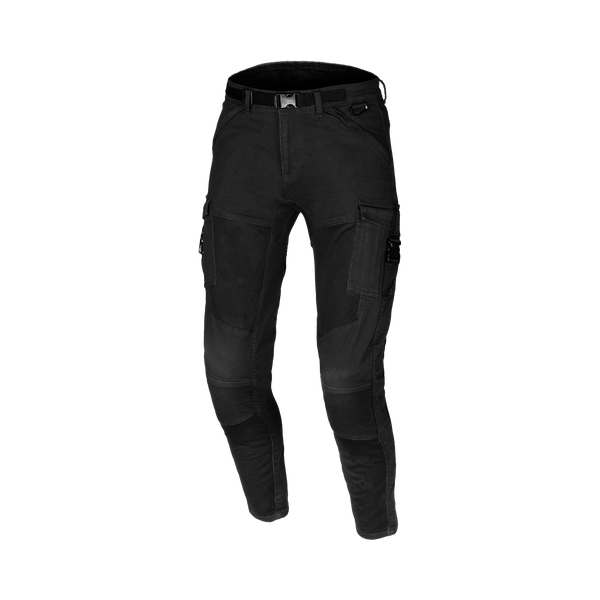 Macna Bombar 165.4025.101 jeans cargo moto uomo nero con pannelli in rete, vista frontale