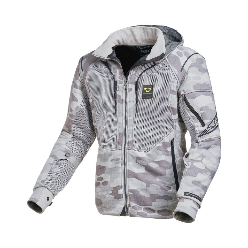 Macna Breeze Beige Camo felpa moto con cappuccio estiva protezioni CE uomo, vista fronte