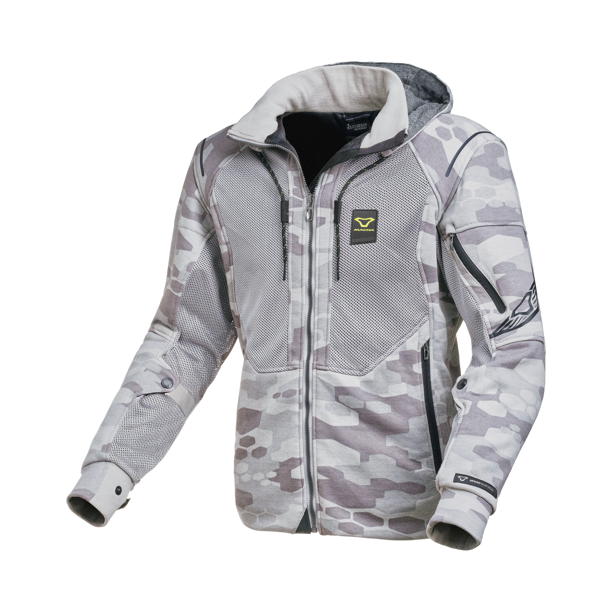 Macna Breeze Beige Camo felpa moto con cappuccio estiva protezioni CE uomo, vista fronte