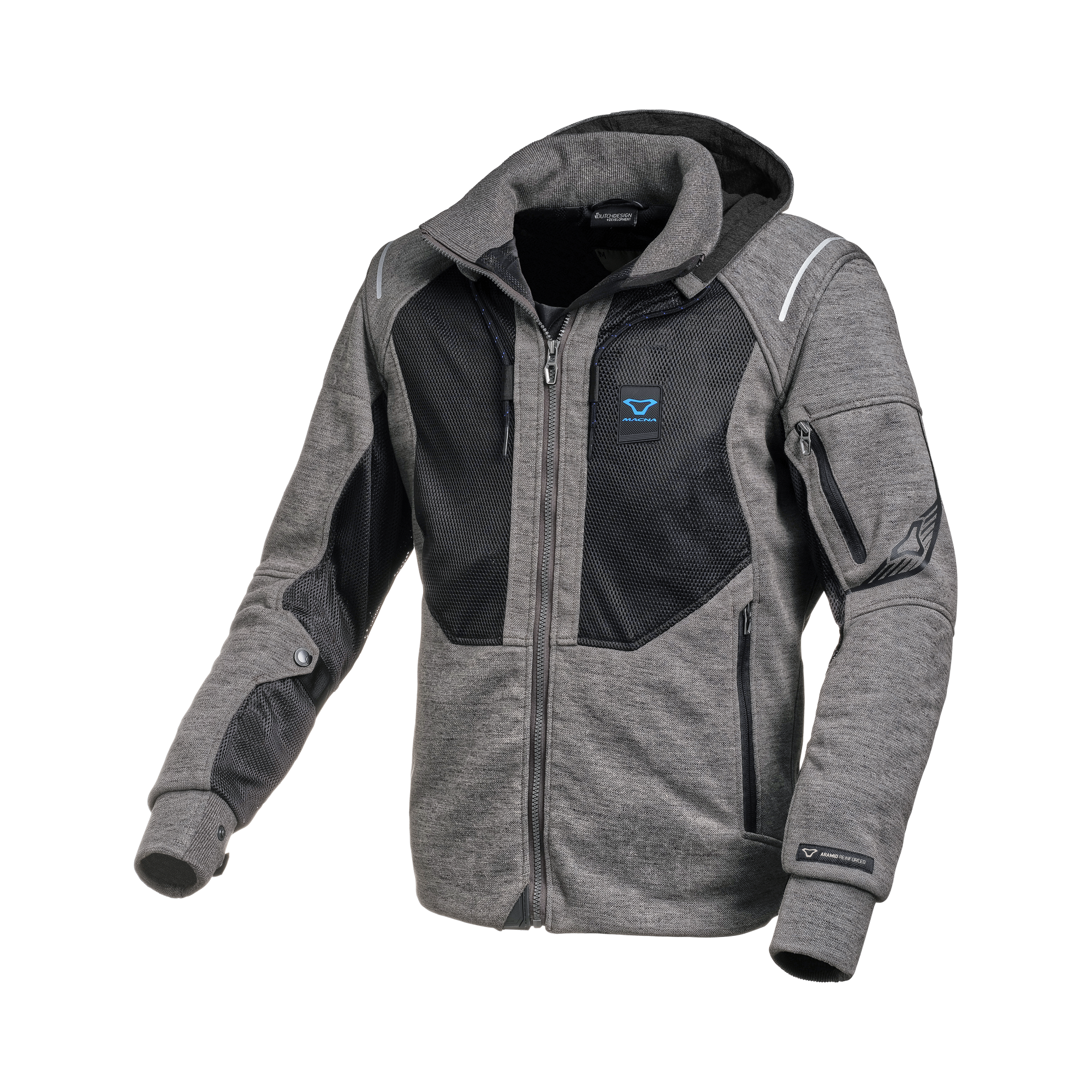 Macna Breeze Grigio felpa moto con cappuccio estiva protezioni CE uomo, vista fronte