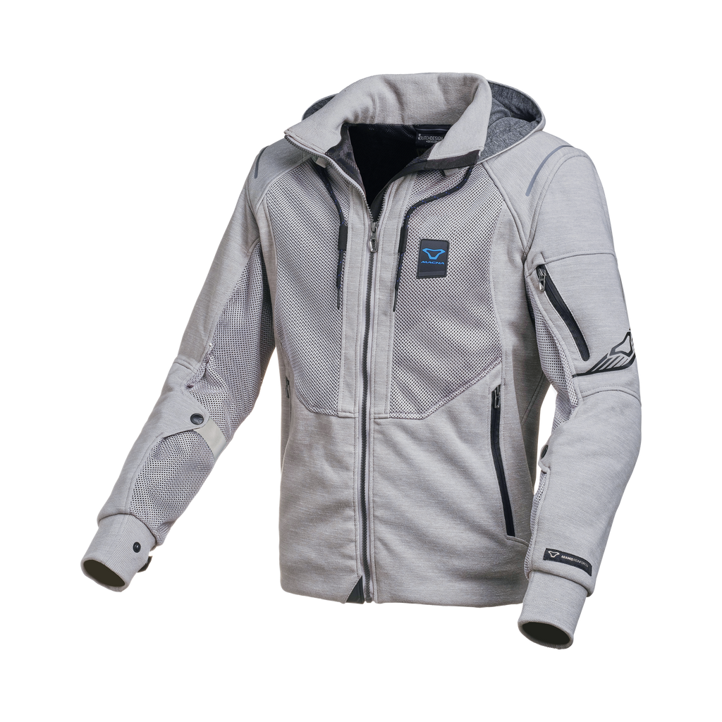 Macna Breeze Grigio Chiaro felpa moto con cappuccio estiva protezioni CE uomo, vista fronte