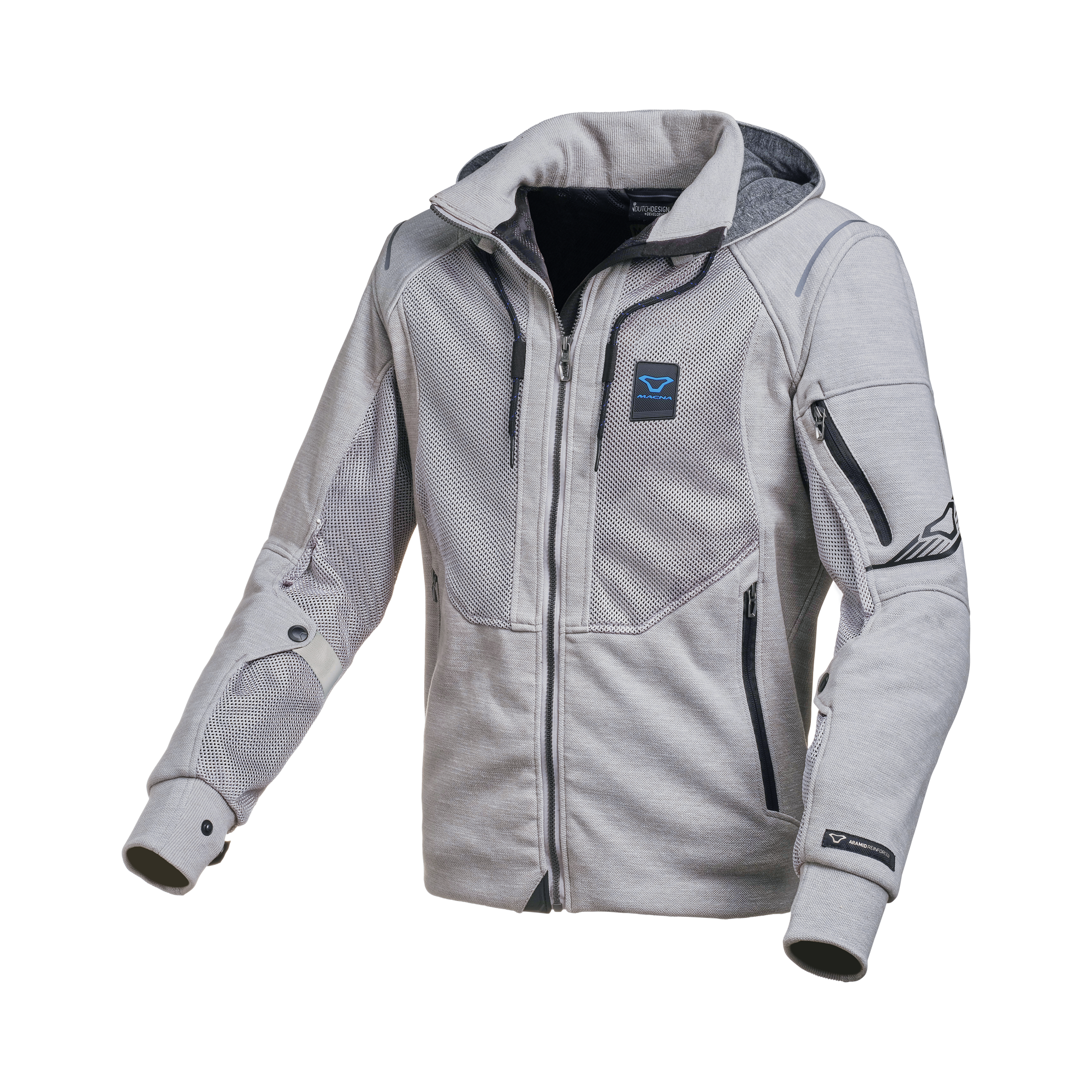 Macna Breeze Grigio Chiaro felpa moto con cappuccio estiva protezioni CE uomo, vista fronte
