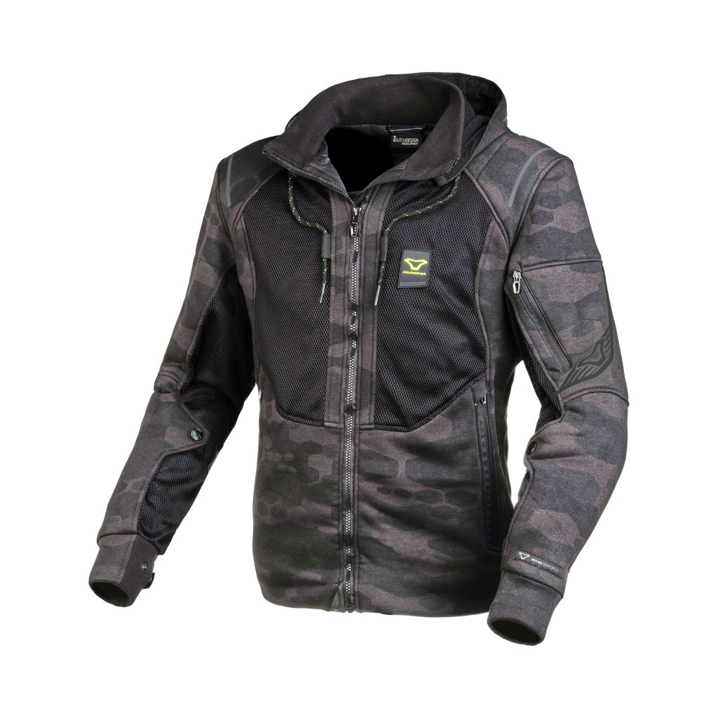 Macna Breeze Grigio Scuro Camo felpa moto con cappuccio estiva protezioni CE uomo, vista fronte
