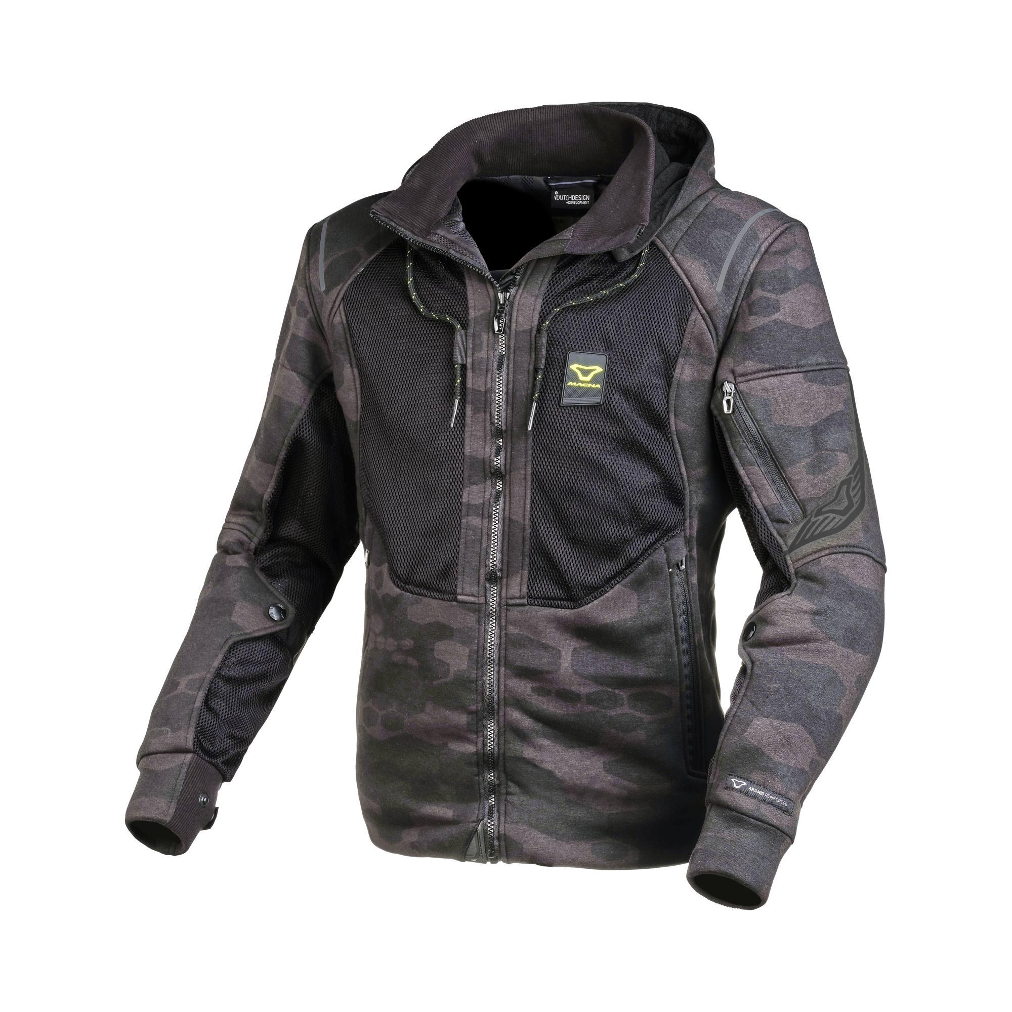 Macna Breeze Grigio Scuro Camo felpa moto con cappuccio estiva protezioni CE uomo, vista fronte