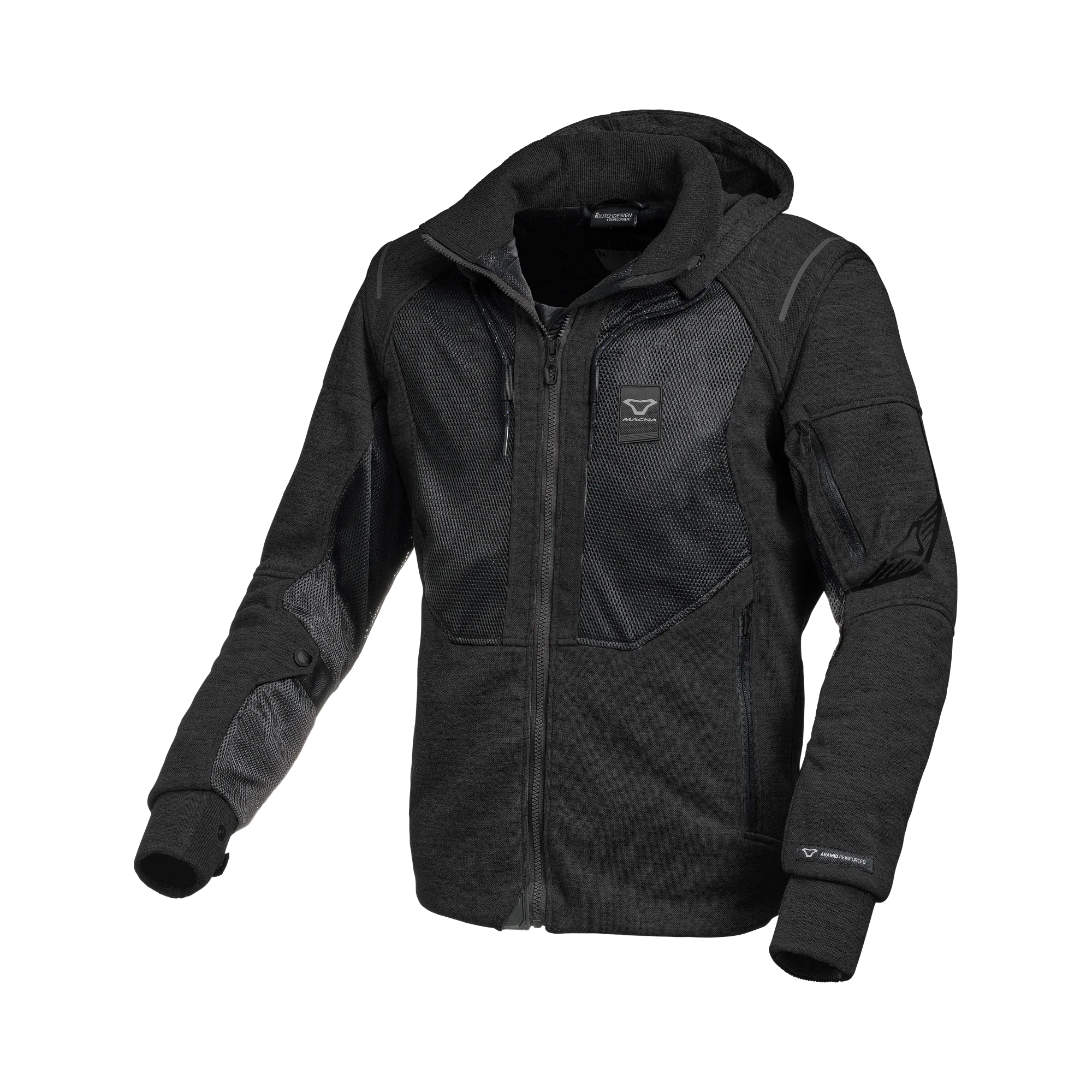 Macna Breeze Nero felpa moto con cappuccio estiva protezioni CE uomo, vista fronte