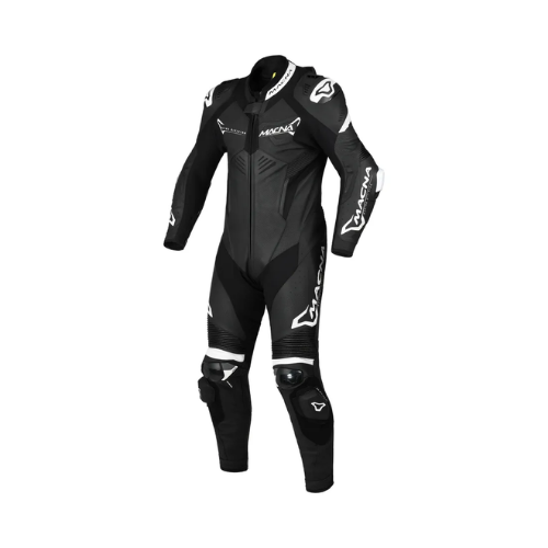 Macna Chromiq 1pc 166.4212.120 tuta moto in pelle nera e bianca, vista frontale