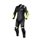 Macna Chromiq 1pc 166.4212.187 tuta moto in pelle nera e giallo fluo, vista frontale