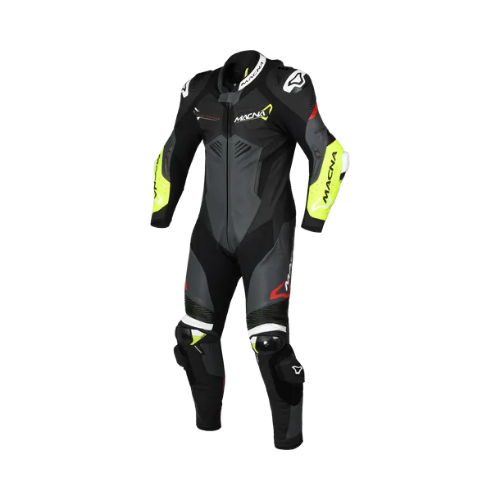 Macna Chromiq 1pc 166.4212.187 tuta moto in pelle nera e giallo fluo, vista frontale