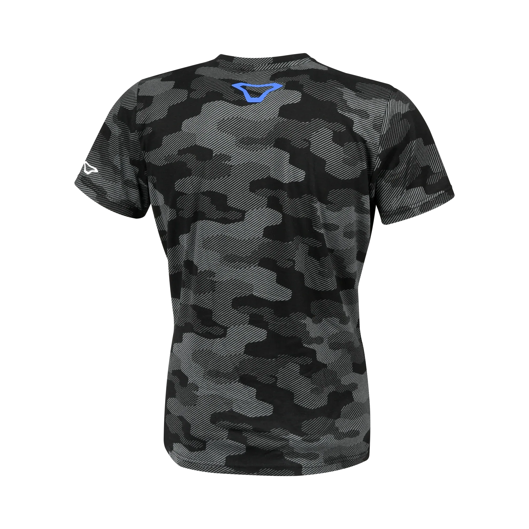 Retro della t-shirt Macna Dazzle Wing 2.0 in camouflage nero e grigio con logo Macna blu