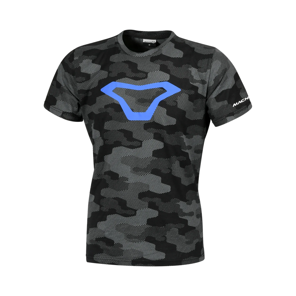 T-shirt Macna Dazzle Wing 2.0 camouflage nero con logo alare blu sul petto, vista frontale