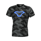 T-shirt Macna Dazzle Wing 2.0 camouflage nero con logo alare blu sul petto, vista frontale