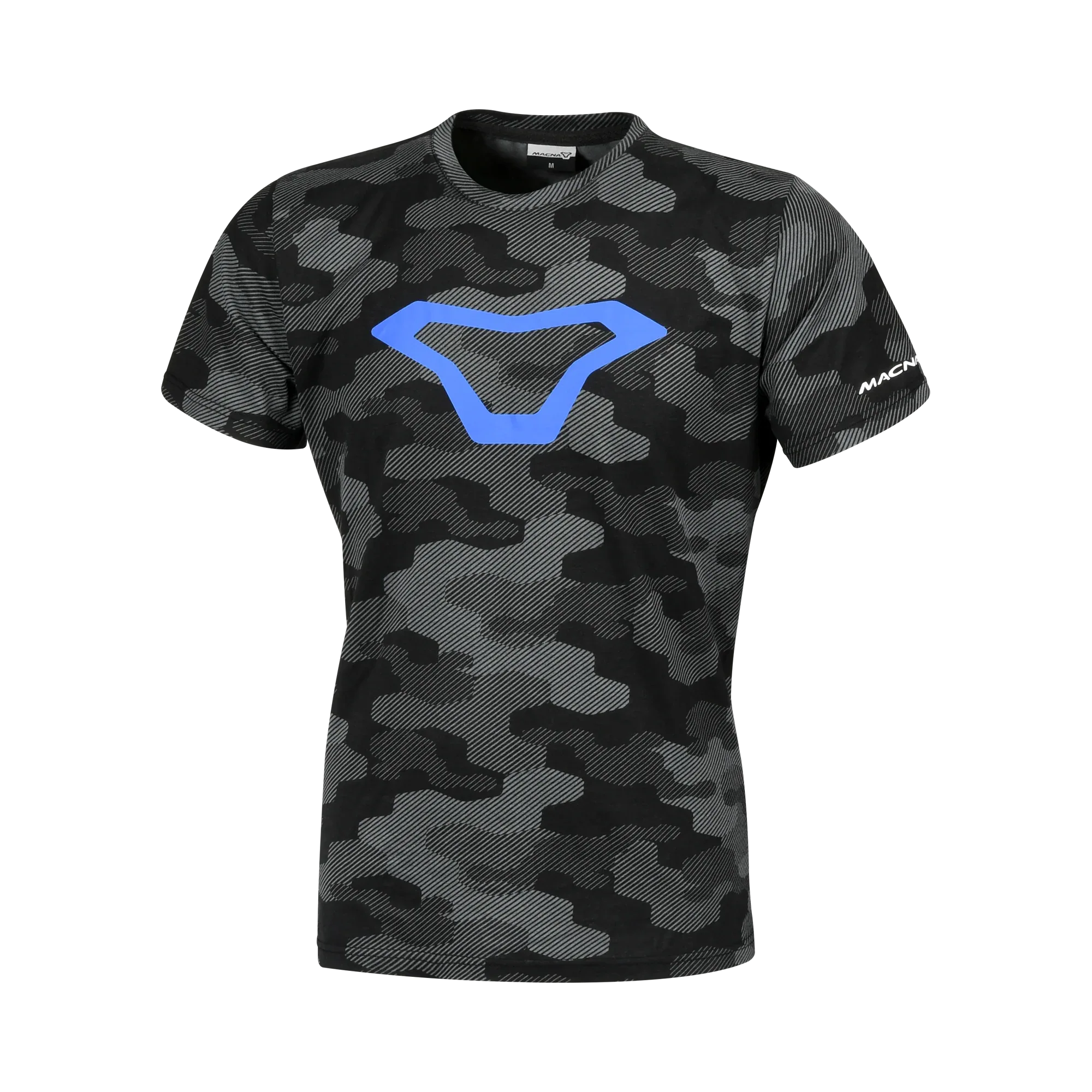 T-shirt Macna Dazzle Wing 2.0 camouflage nero con logo alare blu sul petto, vista frontale