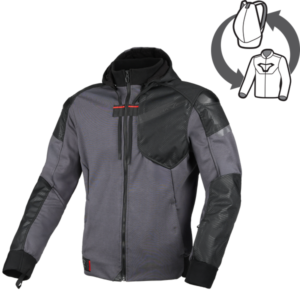 Macna Distec 165.3609 giacca moto uomo tessuto grigio scuro e nero, fronte