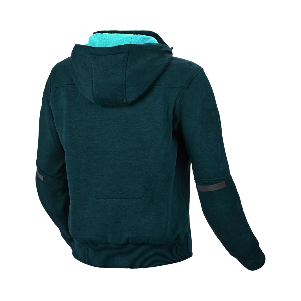 Felpa moto donna Macna District blu petrolio, retro con Hoodie Holder, vista posteriore