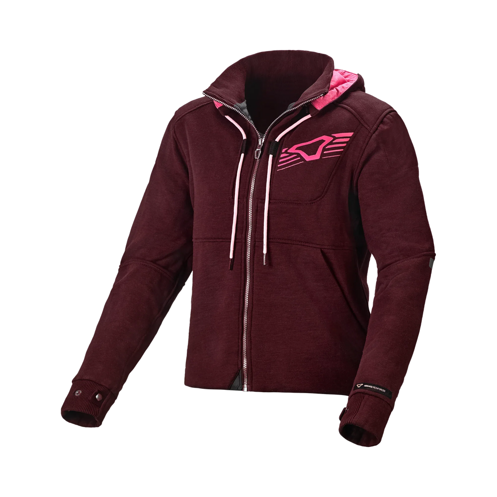 Felpa moto donna Macna District bordeaux con cappuccio e dettagli rosa, vista frontale