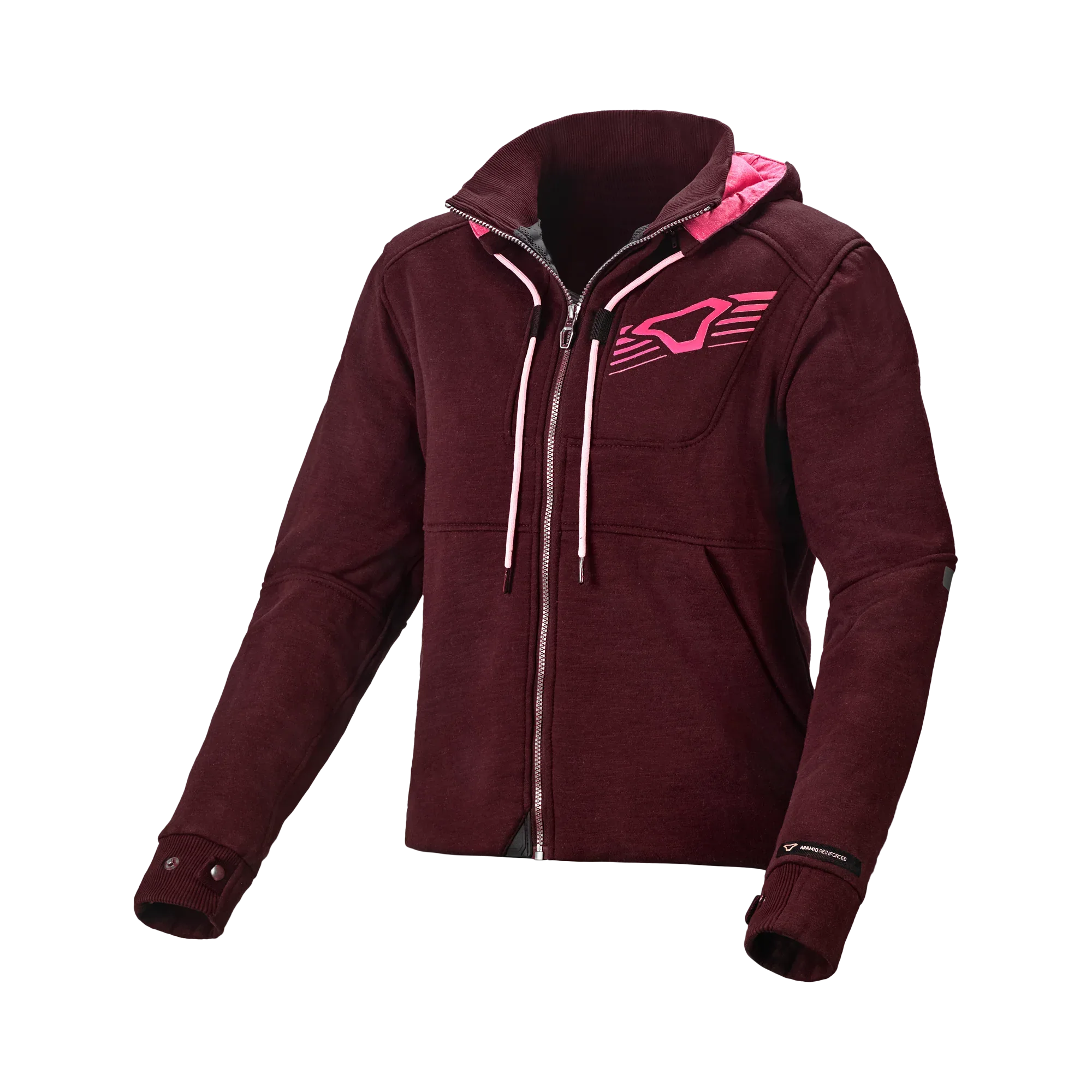 Felpa moto donna Macna District bordeaux con cappuccio e dettagli rosa, vista frontale
