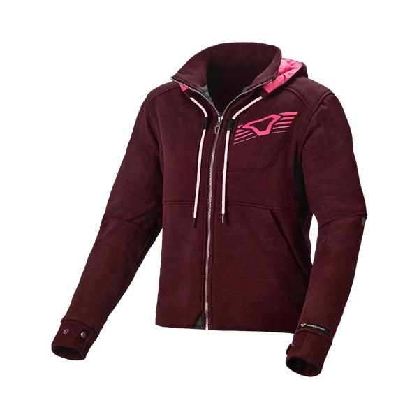 Felpa moto donna Macna District bordeaux con cappuccio e dettagli rosa, vista frontale