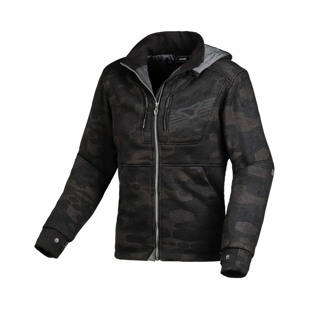 Felpa moto donna Macna District camouflage nero e grigio con cappuccio, vista frontale