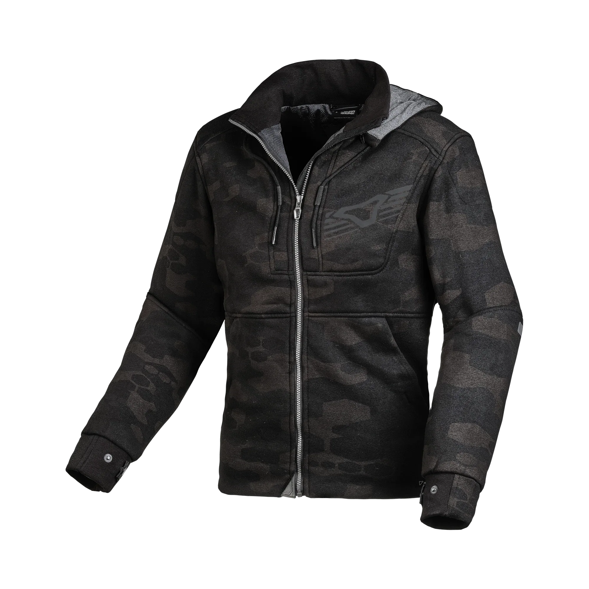 Felpa moto donna Macna District camouflage nero e grigio con cappuccio, vista frontale