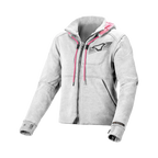Felpa moto donna Macna District grigio chiaro con cappuccio e lacci rosa, vista frontale