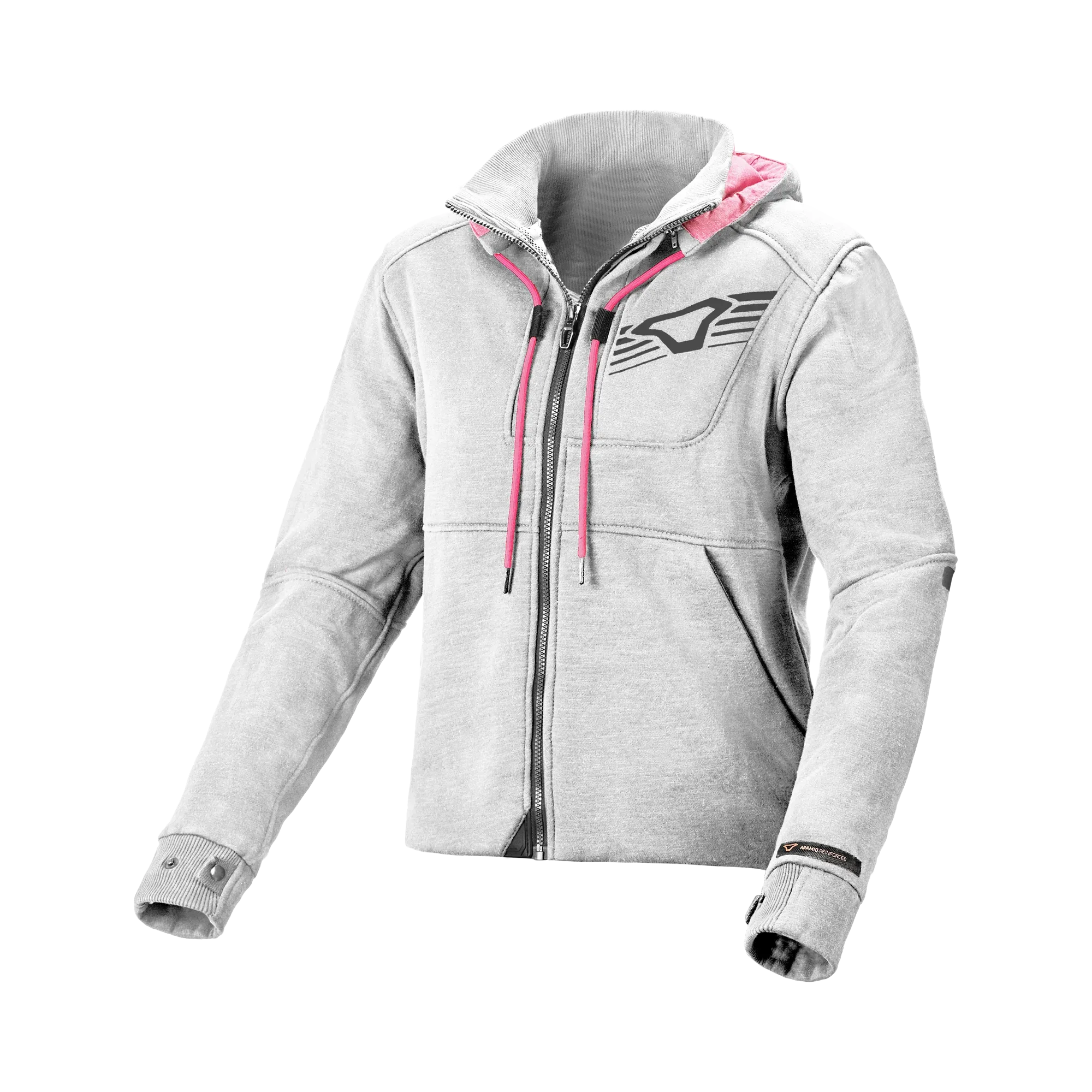 Felpa moto donna Macna District grigio chiaro con cappuccio e lacci rosa, vista frontale