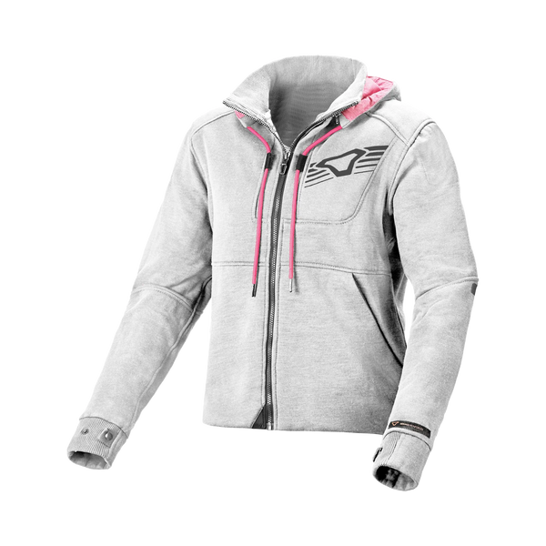 Felpa moto donna Macna District grigio chiaro con cappuccio e lacci rosa, vista frontale