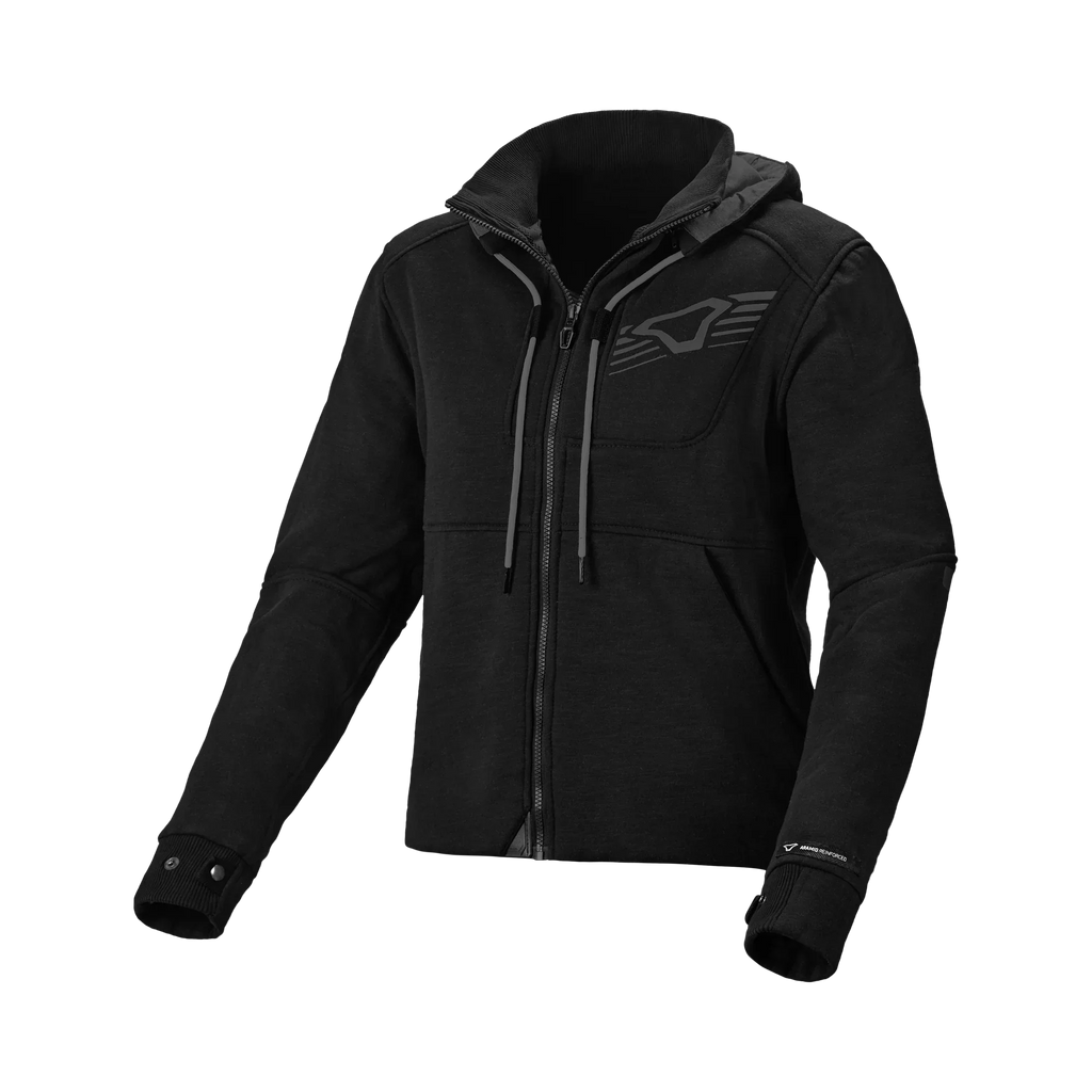 Felpa moto donna Macna District nera con cappuccio in cotone e aramide, vista frontale