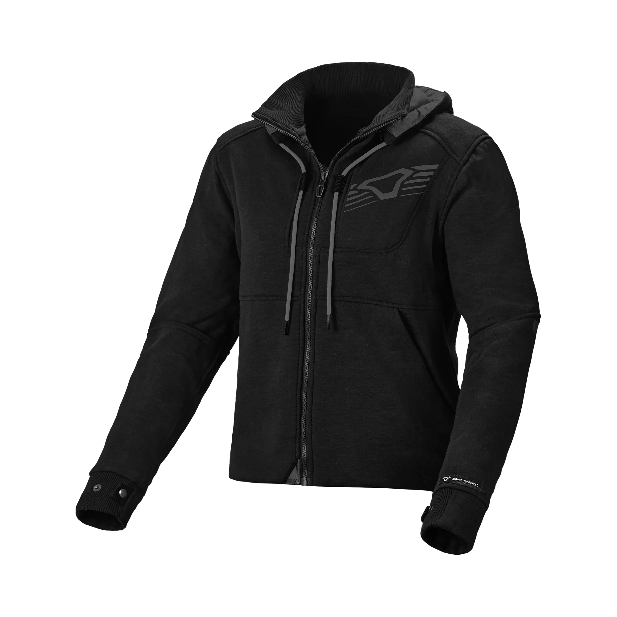 Felpa moto donna Macna District nera con cappuccio in cotone e aramide, vista frontale