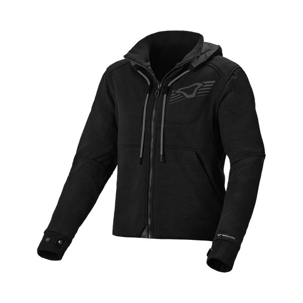 Felpa moto donna Macna District nera con cappuccio in cotone e aramide, vista frontale
