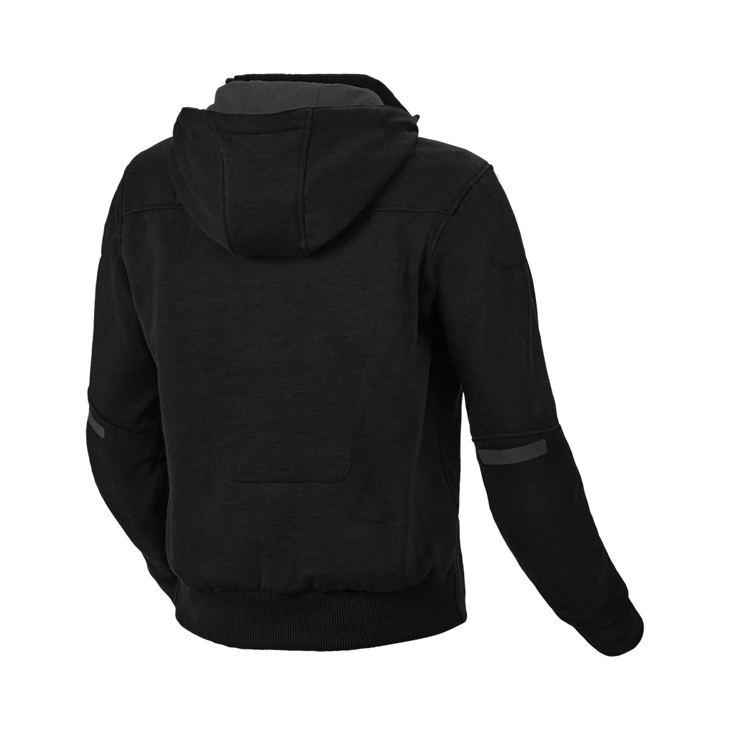 Felpa moto donna Macna District nera, retro con Hoodie Holder e cappuccio, vista posteriore