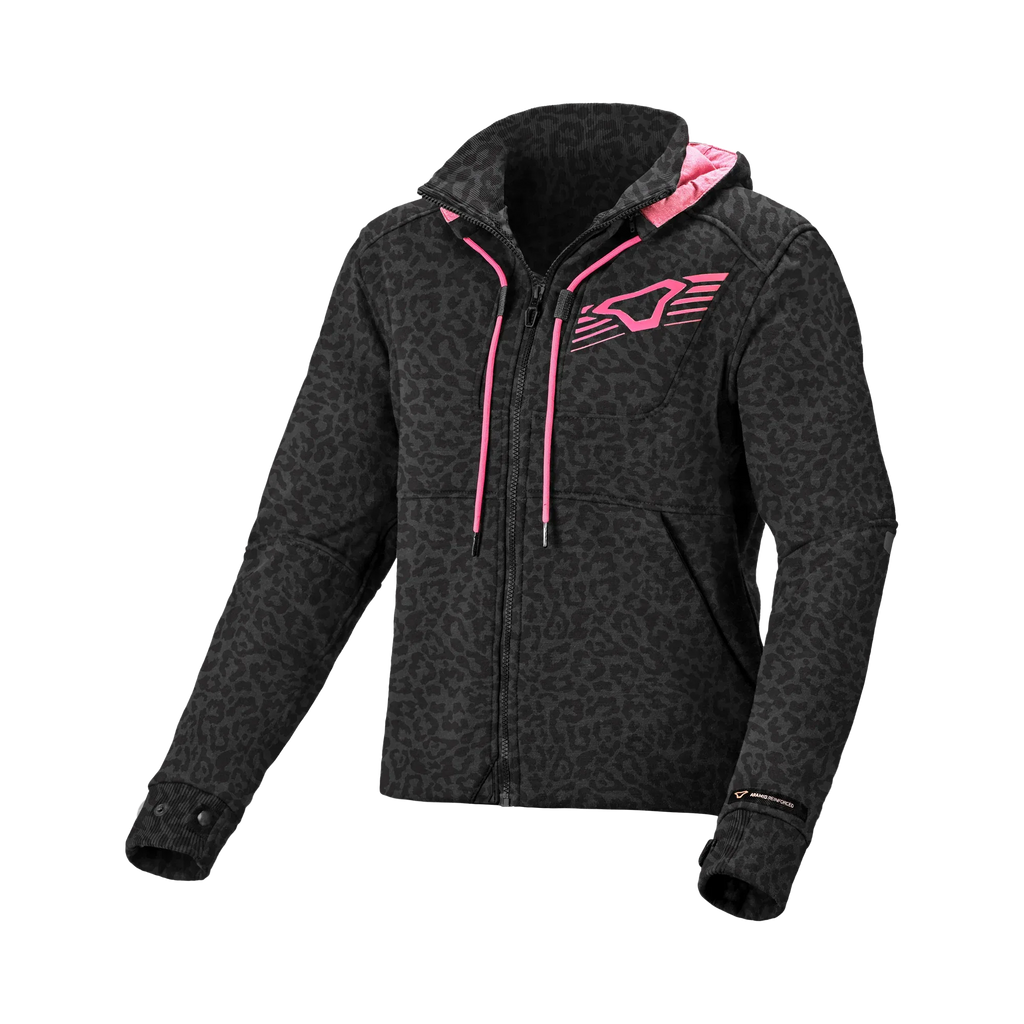 Felpa moto donna Macna District stampa leopardo nera con cappuccio e dettagli rosa, vista frontale
