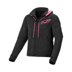 Felpa moto donna Macna District stampa leopardo nera con cappuccio e dettagli rosa, vista frontale