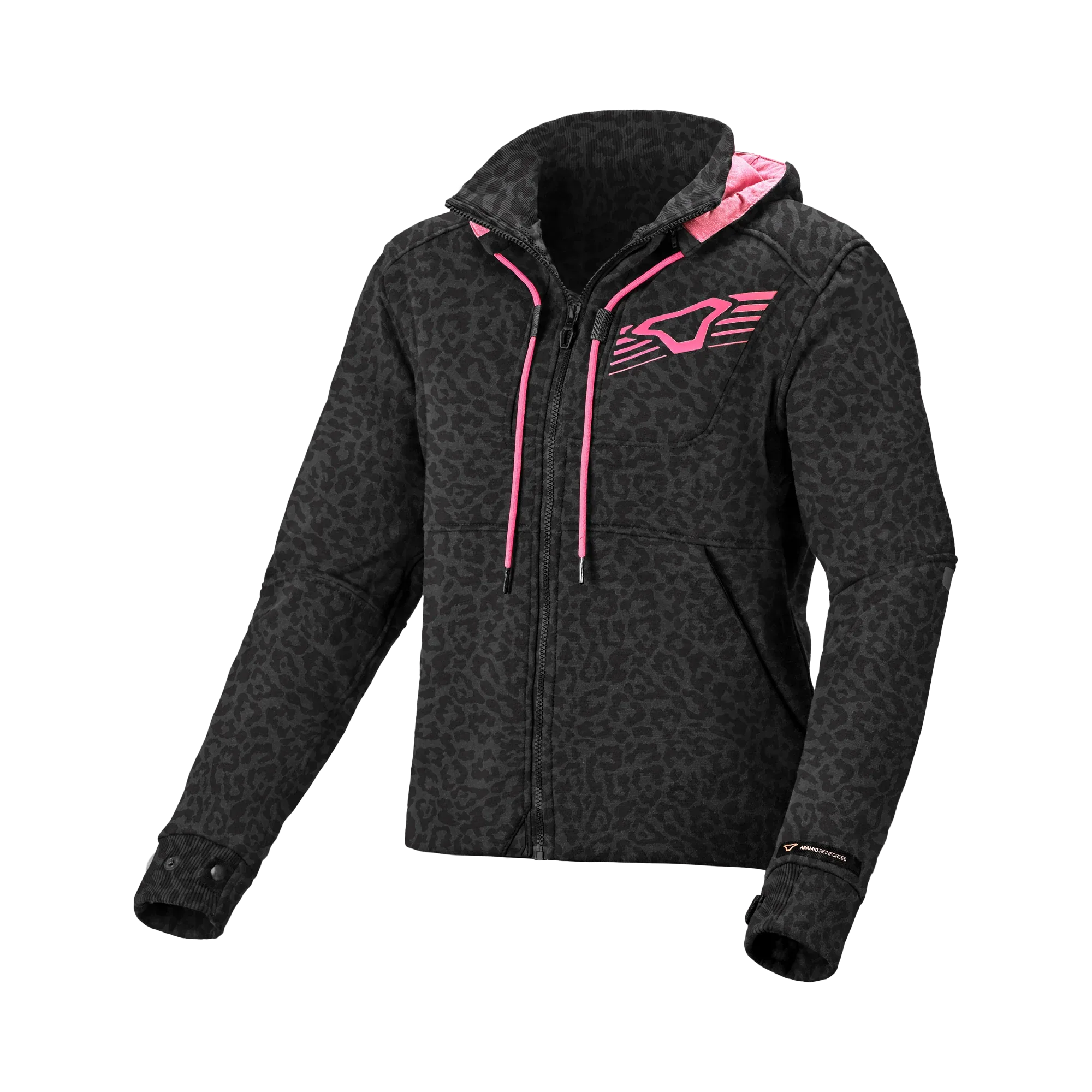 Felpa moto donna Macna District stampa leopardo nera con cappuccio e dettagli rosa, vista frontale