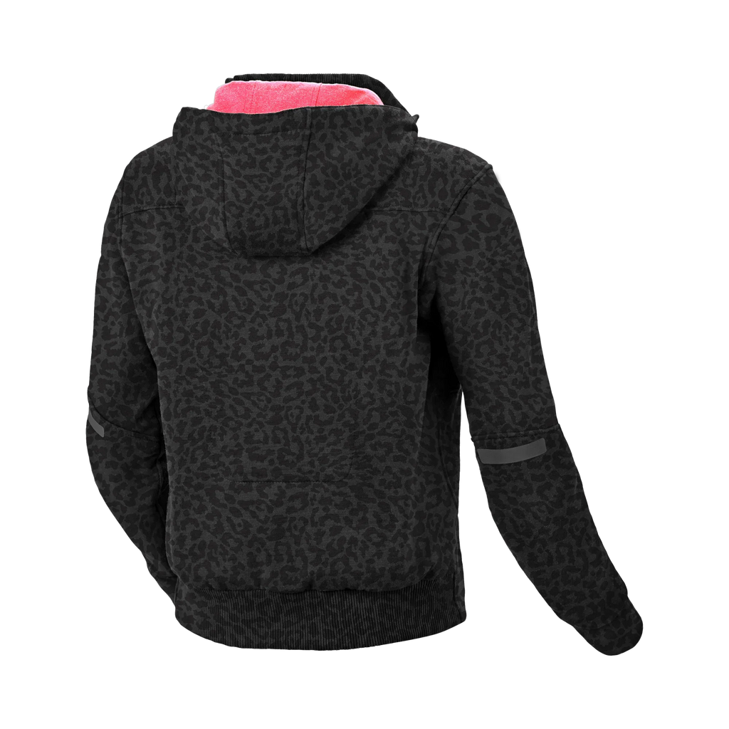 Felpa moto donna Macna District leopardo nera, retro con Hoodie Holder e cappuccio, vista posteriore